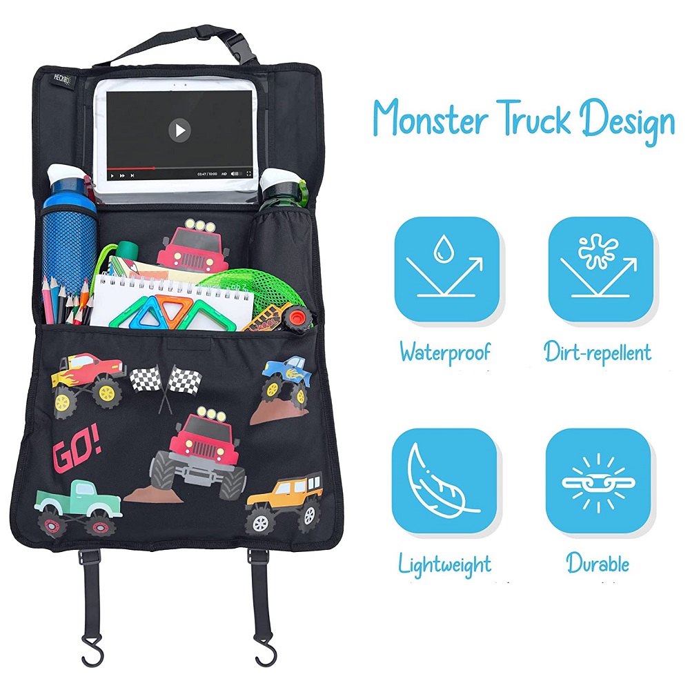 Car backseat organizer with tablet holder Heckbo Monster Trucks