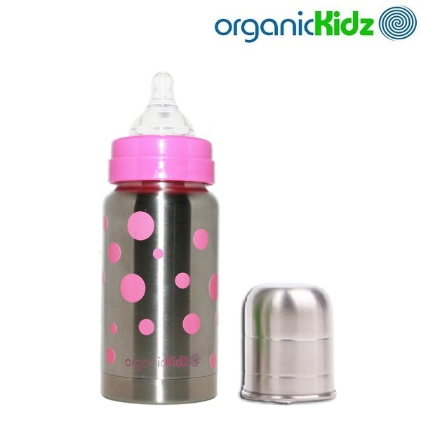 Thermal baby bottle OrganicKidz Pink Dots
