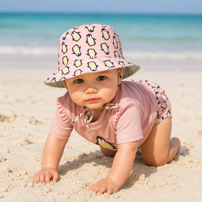Children's Sun Hat - Lässig Pink Penguin