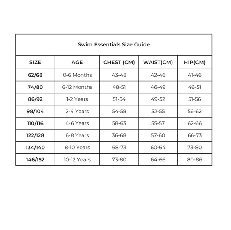 Swim Essentials size guide