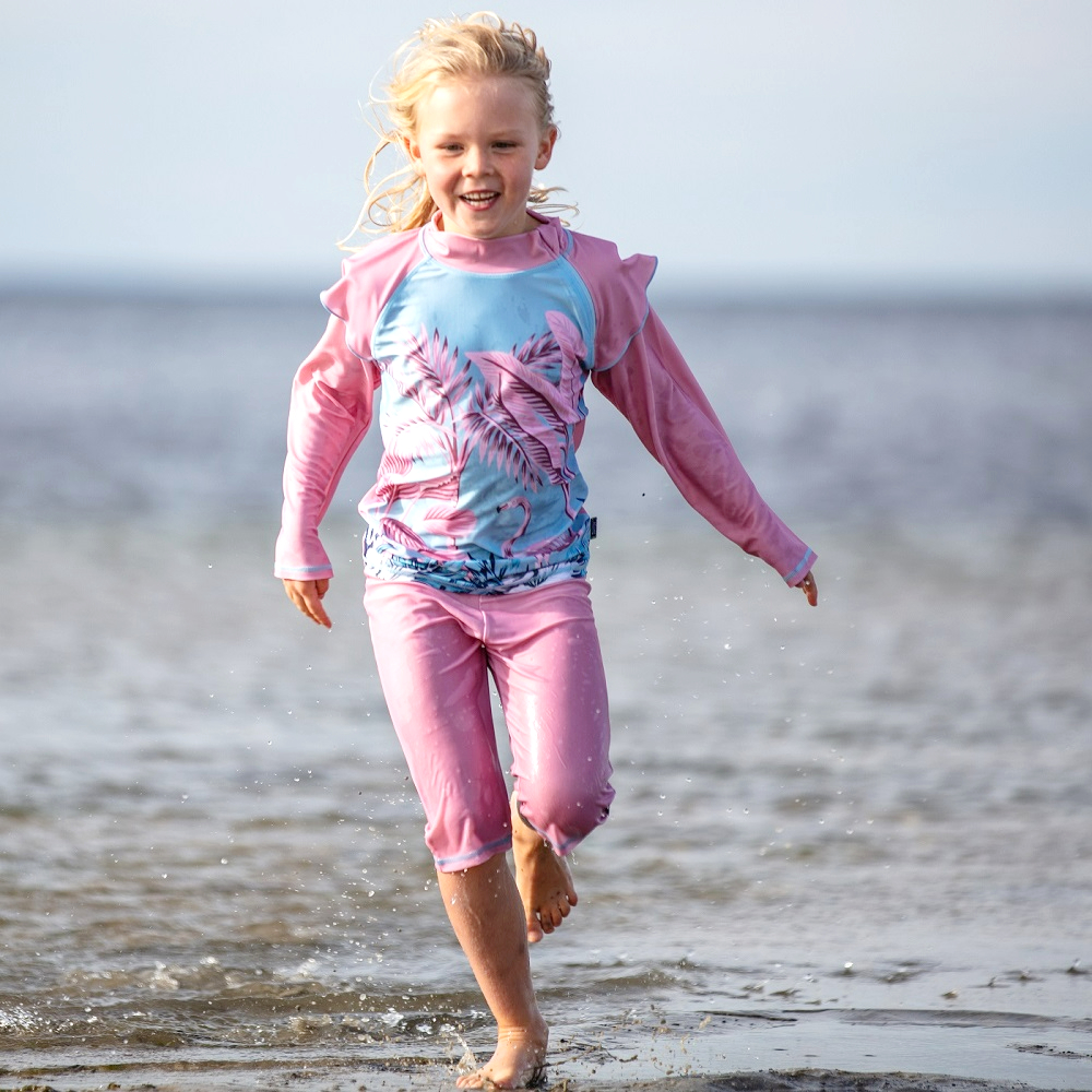 Children's UV rash guard and swim shorts Swimpy Flamingo